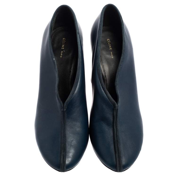 Pre Owned Celine Navy Blue Leather V Neck Block Heel  Pumps Size 38.5