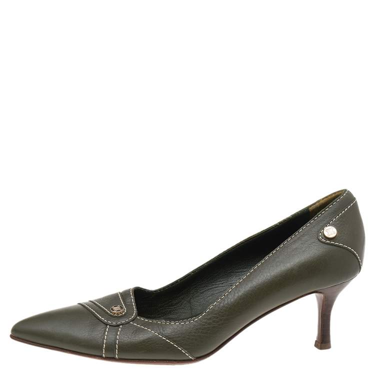 Pre Owned Celine Green Leather Pointed Toe Pumps Size 36.5