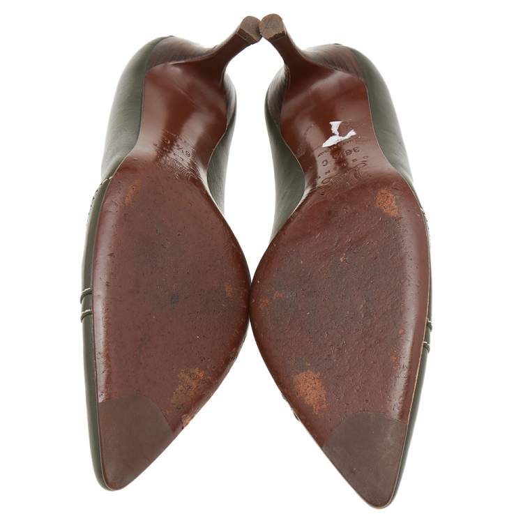 Pre Owned Celine Green Leather Pointed Toe Pumps Size 36.5