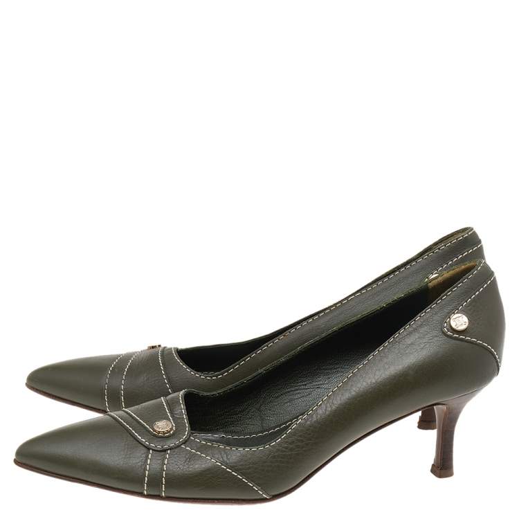 Pre Owned Celine Green Leather Pointed Toe Pumps Size 36.5