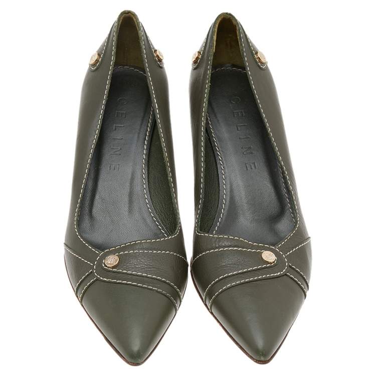 Pre Owned Celine Green Leather Pointed Toe Pumps Size 36.5