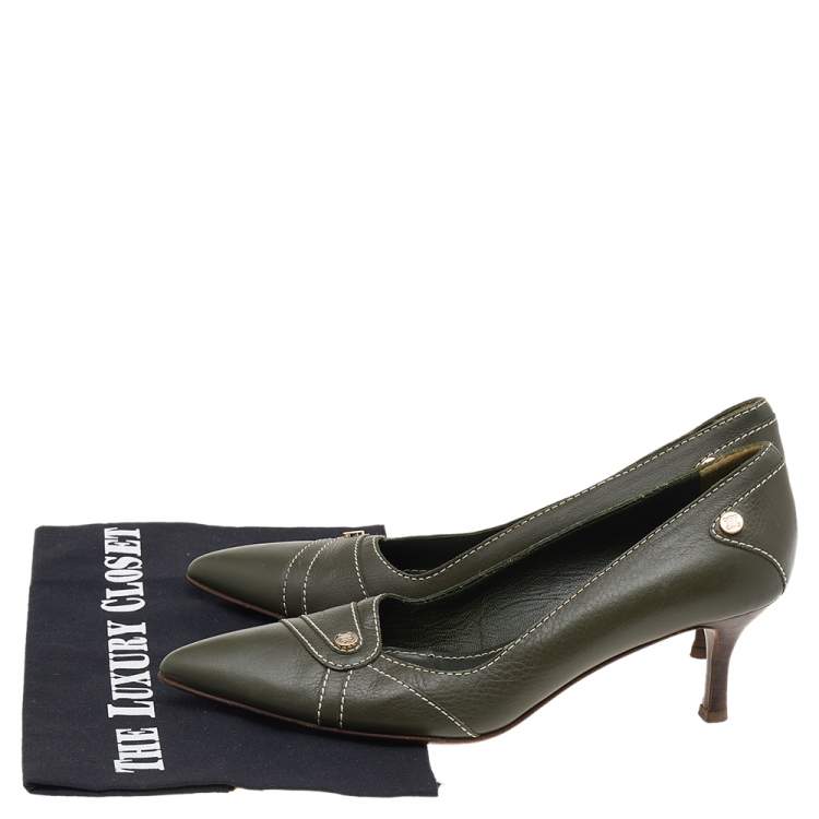 Pre Owned Celine Green Leather Pointed Toe Pumps Size 36.5