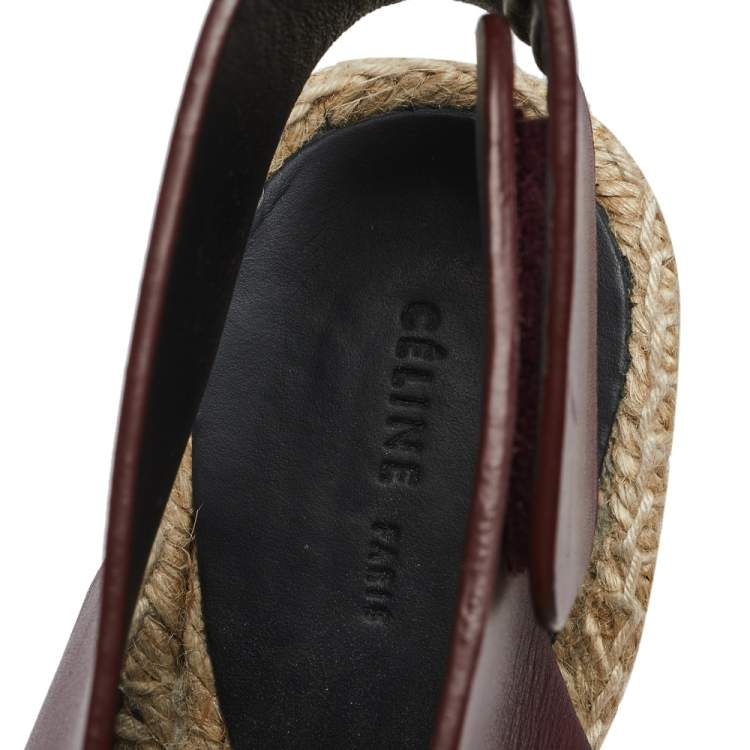 Pre Owned Celine Burgundy Leather Open Toe Espadrille Wedge Sandals Size 36
