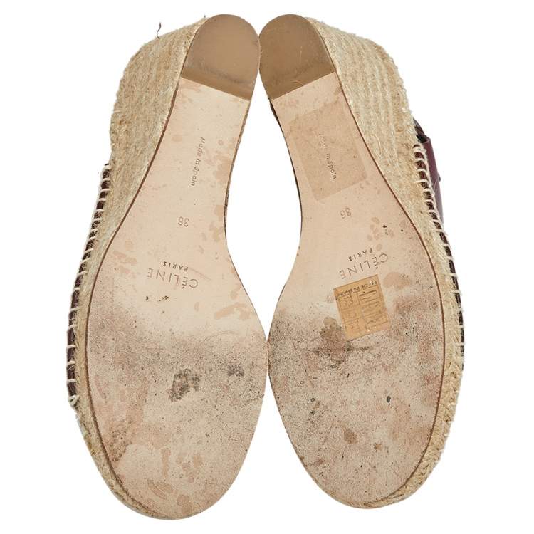 Pre Owned Celine Burgundy Leather Open Toe Espadrille Wedge Sandals Size 36
