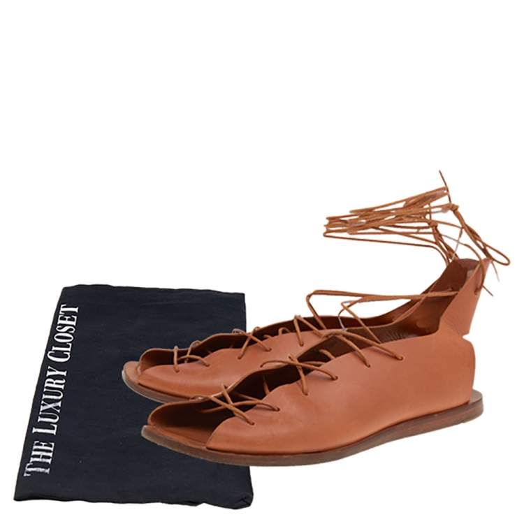 Pre Owned Celine Brown Leather Ankle Strap Flat Sandals Size 39.5