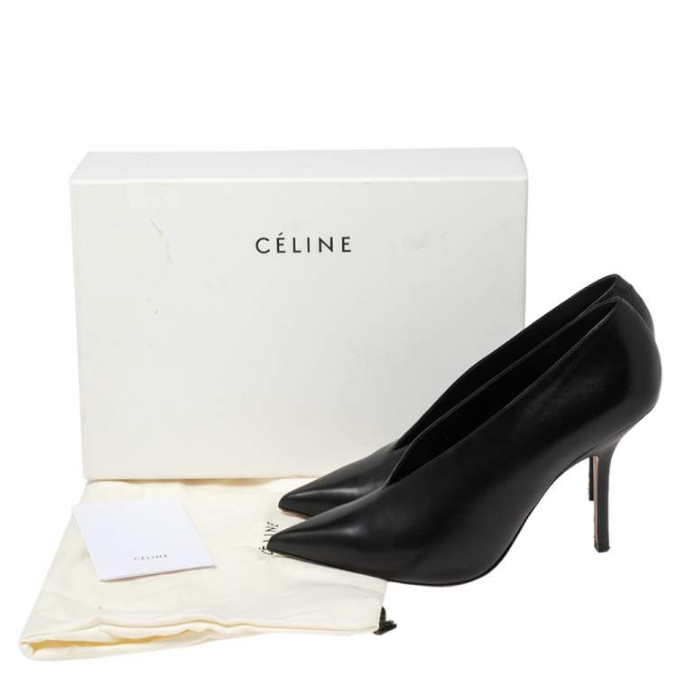 Pre Owned Celine Black Leather V Neck Pointed Toe Pumps Size 38