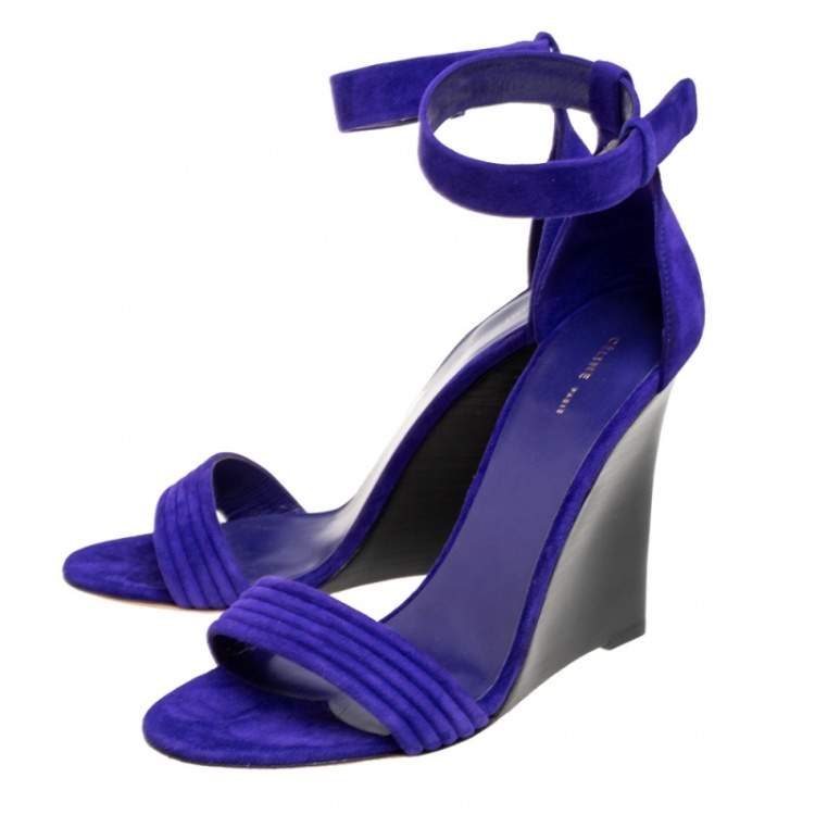Pre Owned Cèline Blue Suede Ankle Strap Wedge Sandals Size 39