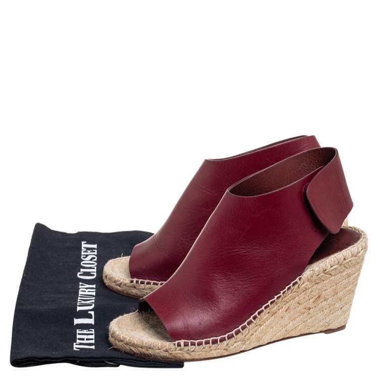 Pre Owned Celine Burgundy Leather Open Toe Espadrille Wedge Sandals Size 37