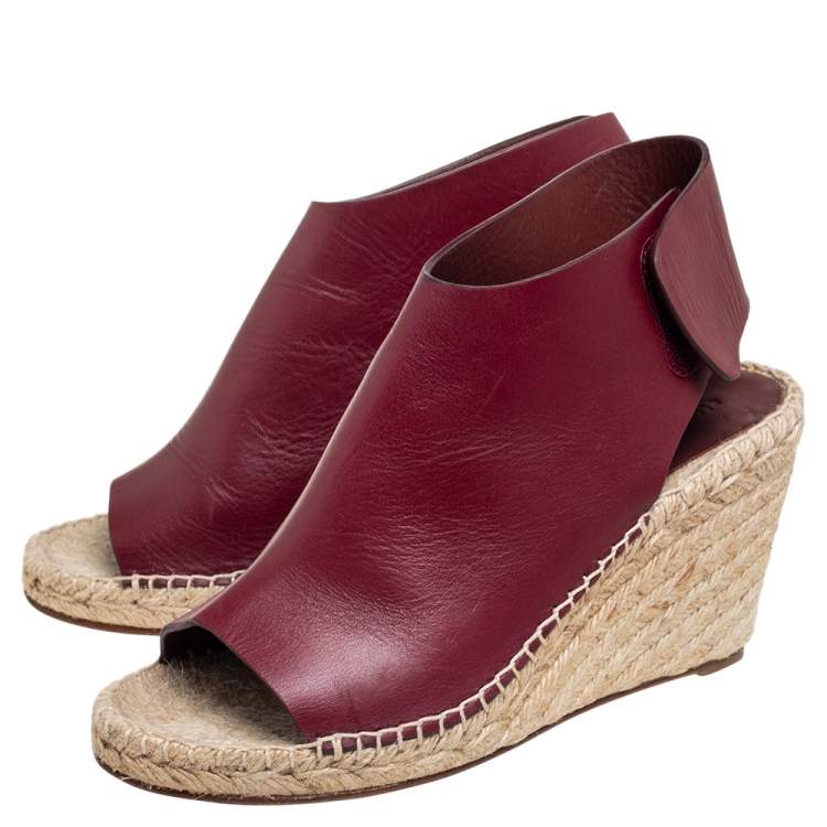 Pre Owned Celine Burgundy Leather Open Toe Espadrille Wedge Sandals Size 37