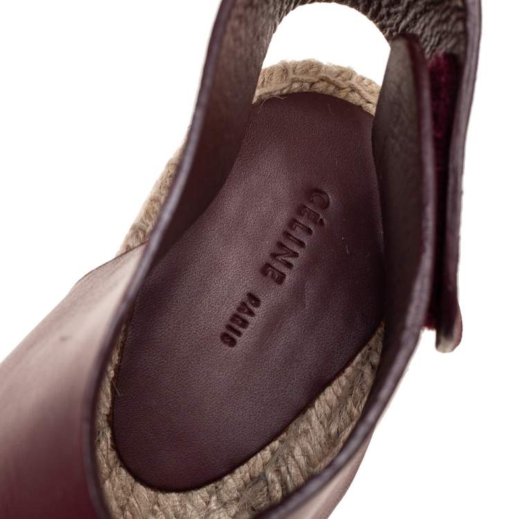 Pre Owned Celine Burgundy Leather Open Toe Espadrille Wedge Sandals Size 37