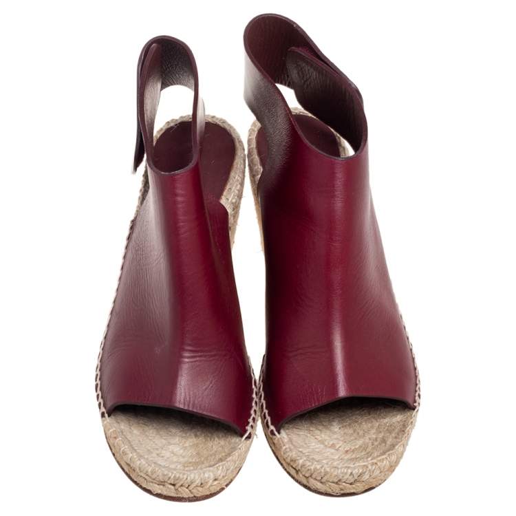 Pre Owned Celine Burgundy Leather Open Toe Espadrille Wedge Sandals Size 37