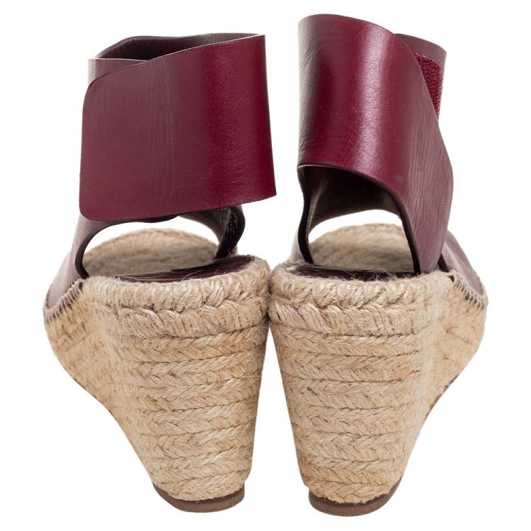Pre Owned Celine Burgundy Leather Open Toe Espadrille Wedge Sandals Size 37