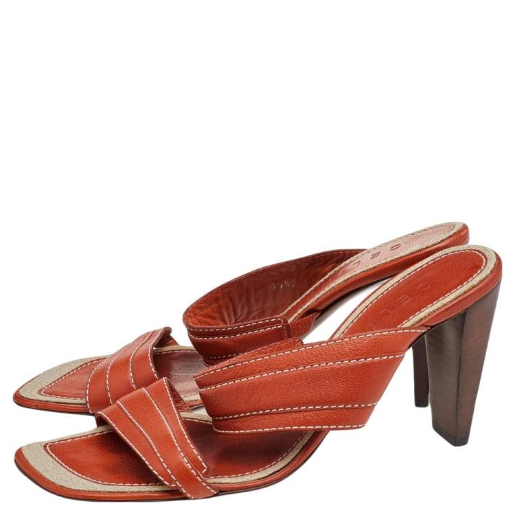 Pre Owned Celine Orange Leather Slide Sandals Size 39.5