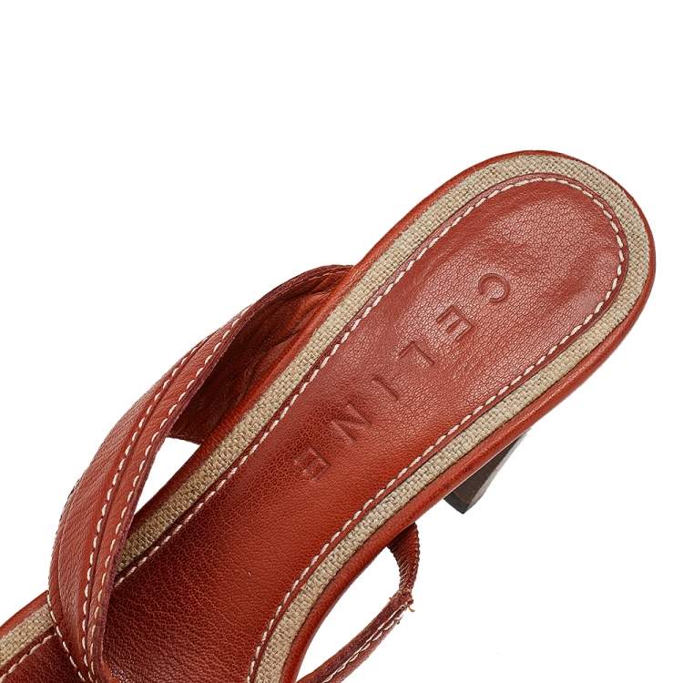 Pre Owned Celine Orange Leather Slide Sandals Size 39.5