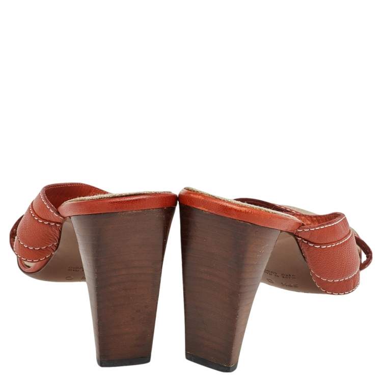 Pre Owned Celine Orange Leather Slide Sandals Size 39.5