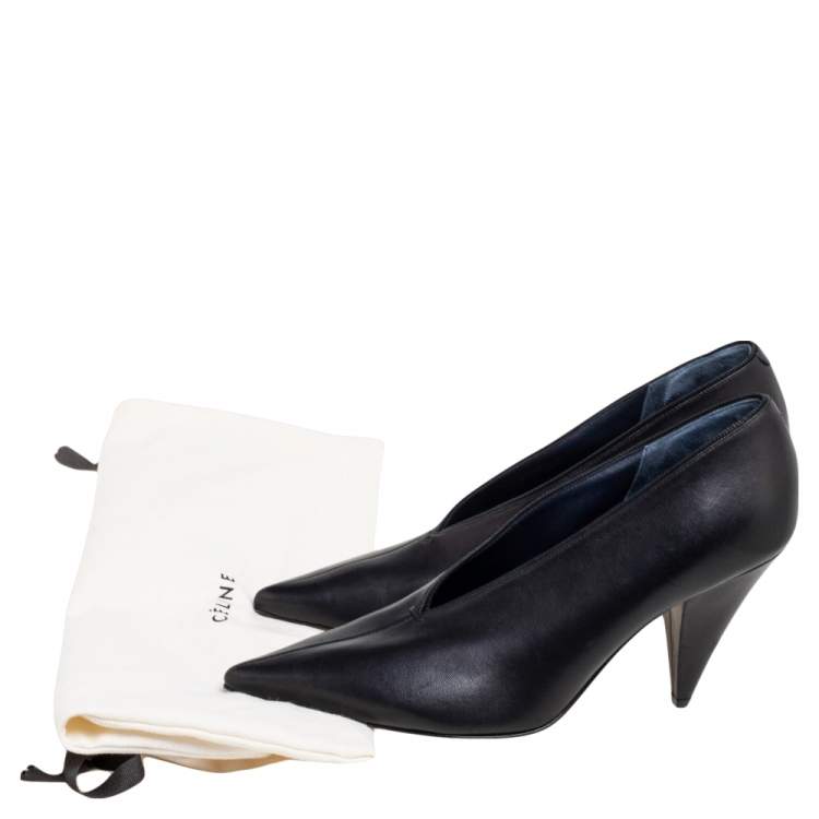 Pre Owned Celine Black Leather V Neck Pointed Toe Pumps Size 38.5
