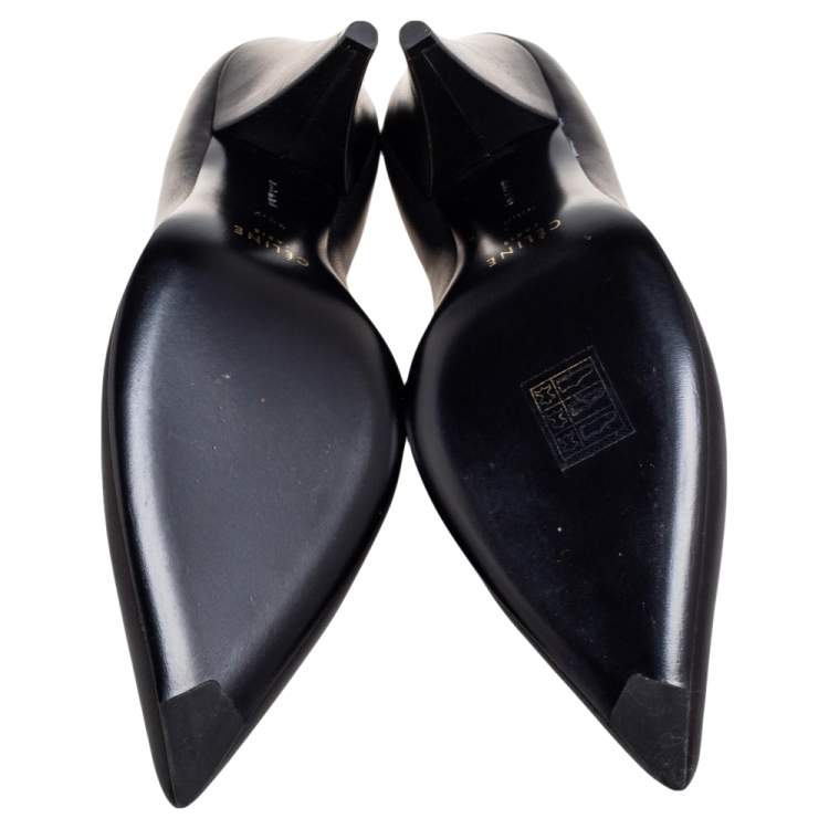 Pre Owned Celine Black Leather V Neck Pointed Toe Pumps Size 38.5