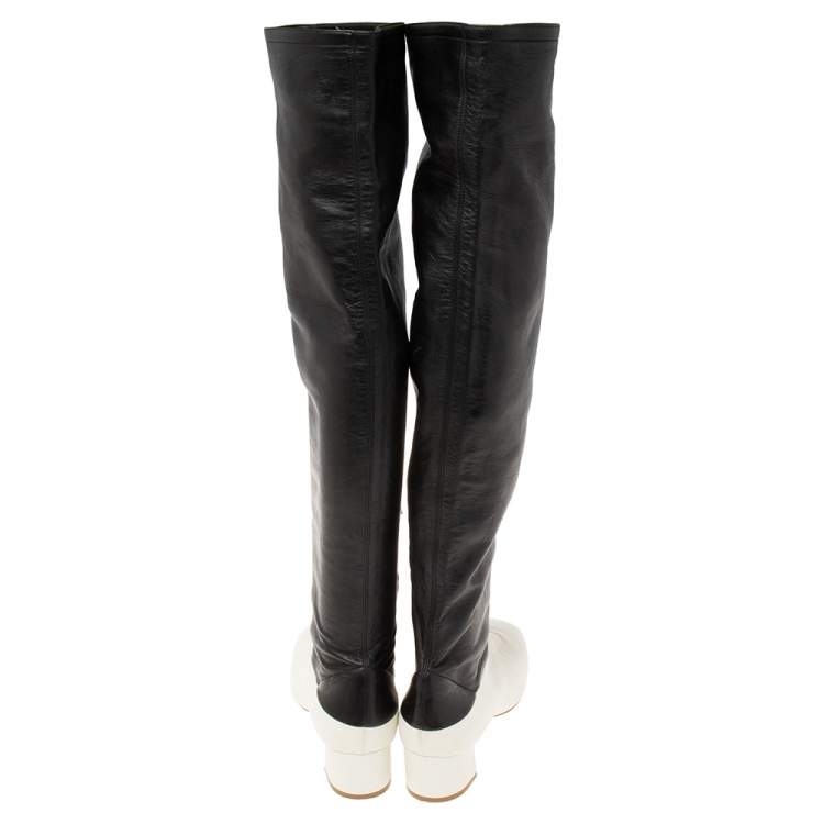 Pre Owned Celine White/Black Leather Knee Length Boots Size 39