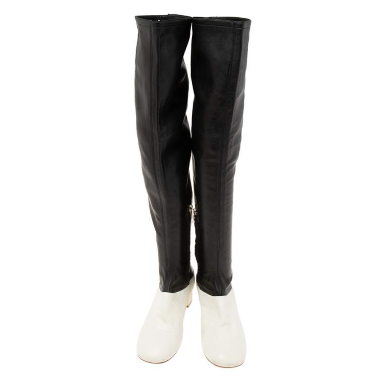 Pre Owned Celine White/Black Leather Knee Length Boots Size 39