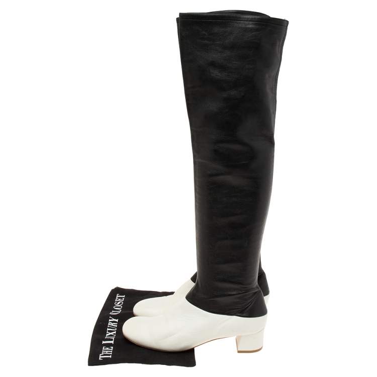 Pre Owned Celine White/Black Leather Knee Length Boots Size 39