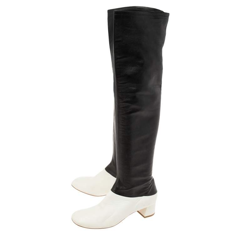 Pre Owned Celine White/Black Leather Knee Length Boots Size 39
