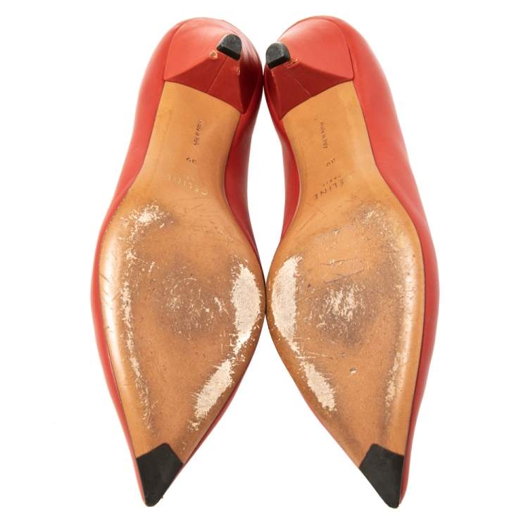 Pre Owned Celine Burnt Orange Leather V Neck Pumps Size 39
