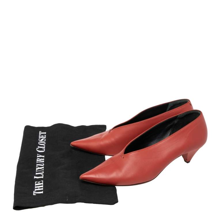 Pre Owned Celine Burnt Orange Leather V Neck Pumps Size 39