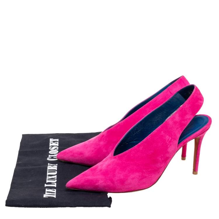 Pre Owned Celine Pink Suede V Neck Slingback Pumps  Size 38