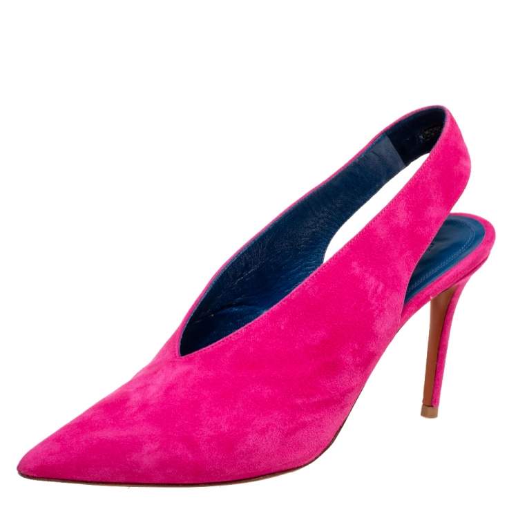 Pre Owned Celine Pink Suede V Neck Slingback Pumps  Size 38