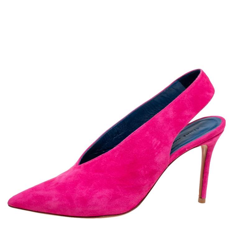 Pre Owned Celine Pink Suede V Neck Slingback Pumps  Size 38