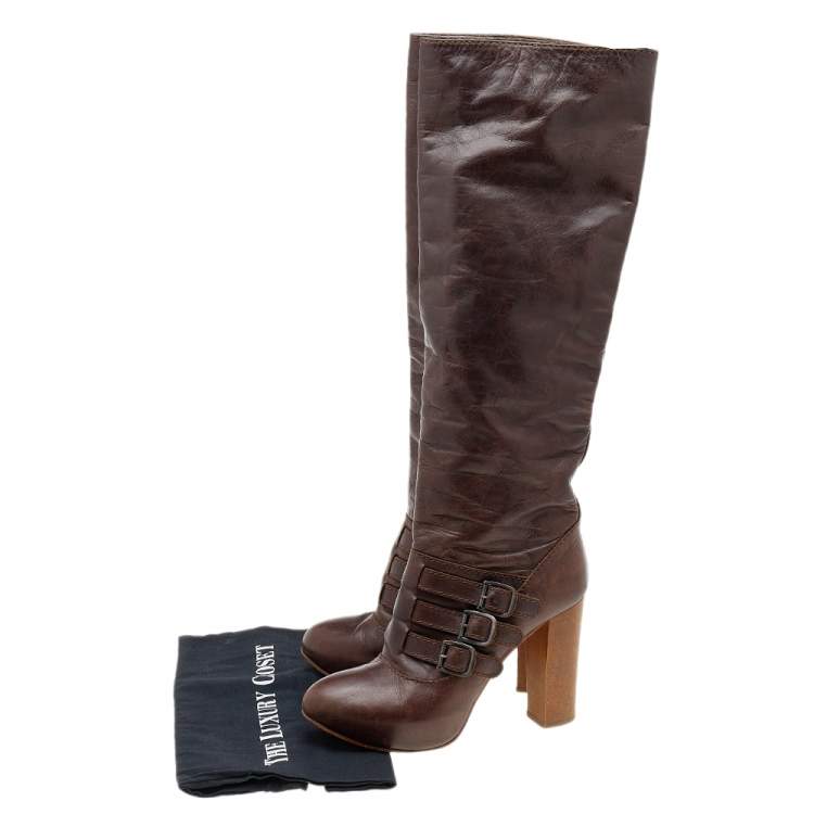 Pre Owned Celine Brown Leather Buckle Detail Platform Knee Length Boots Size 39