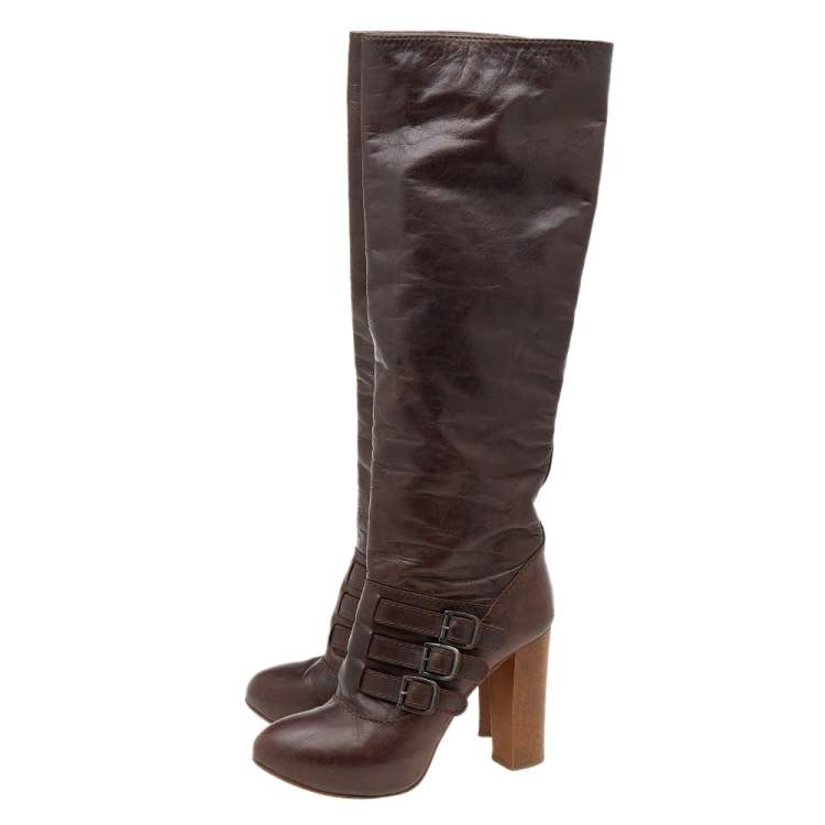 Pre Owned Celine Brown Leather Buckle Detail Platform Knee Length Boots Size 39