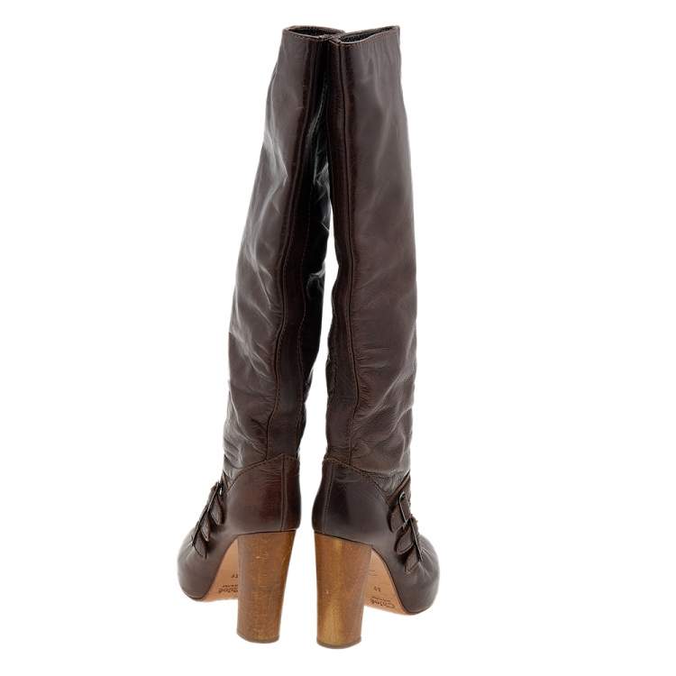 Pre Owned Celine Brown Leather Buckle Detail Platform Knee Length Boots Size 39