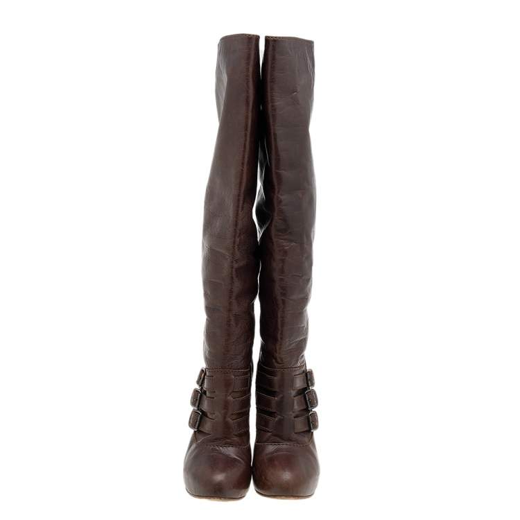 Pre Owned Celine Brown Leather Buckle Detail Platform Knee Length Boots Size 39