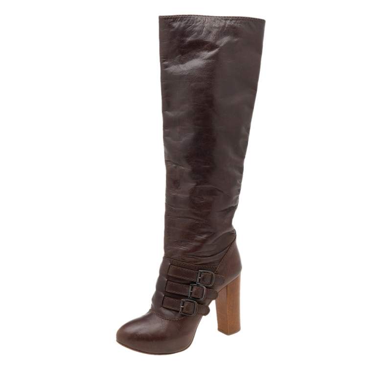 Pre Owned Celine Brown Leather Buckle Detail Platform Knee Length Boots Size 39