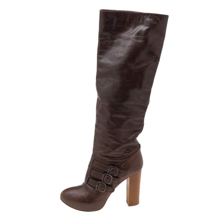 Pre Owned Celine Brown Leather Buckle Detail Platform Knee Length Boots Size 39