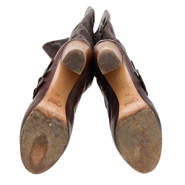 Pre Owned Celine Brown Leather Buckle Detail Platform Knee Length Boots Size 39