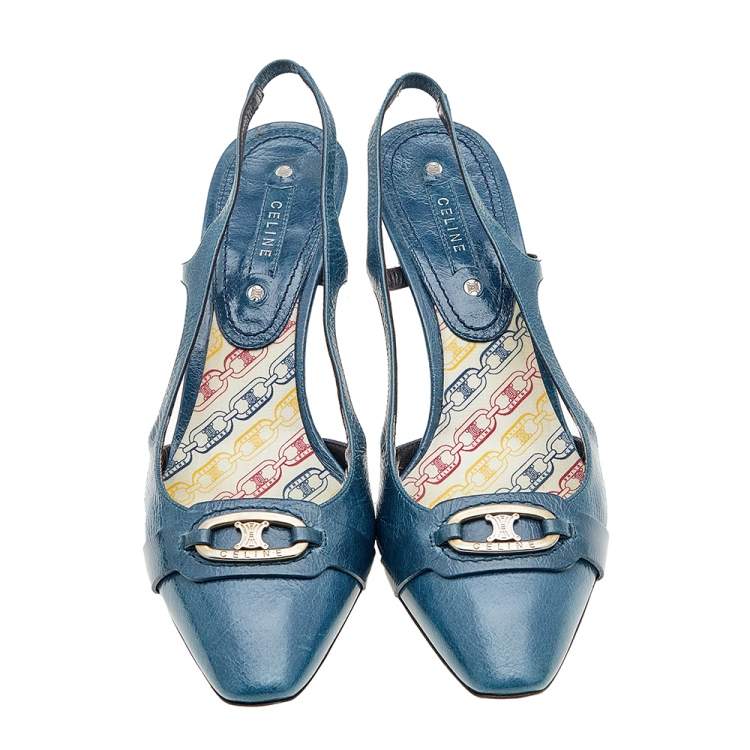 Pre Owned Celine Blue Leather Macadam Logo Slingback Sandals Size 40