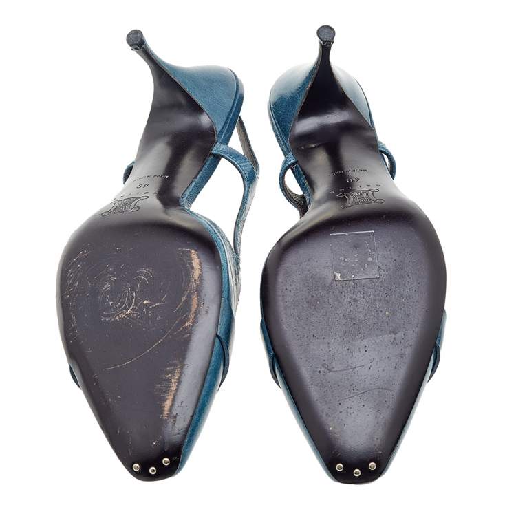 Pre Owned Celine Blue Leather Macadam Logo Slingback Sandals Size 40