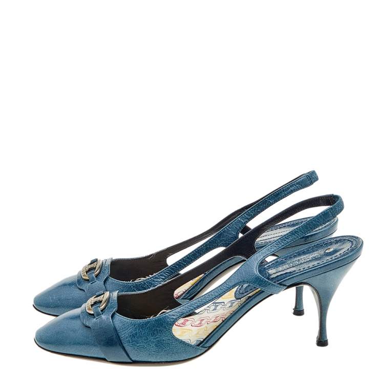 Pre Owned Celine Blue Leather Macadam Logo Slingback Sandals Size 40