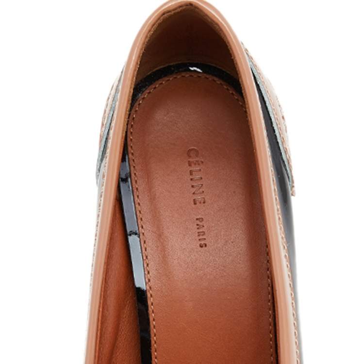 Pre Owned Celine Brown/Black Patent Leather Fringe Detail Loafer Pumps Size 38.5