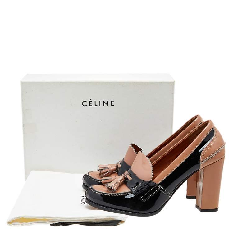 Pre Owned Celine Brown/Black Patent Leather Fringe Detail Loafer Pumps Size 38.5