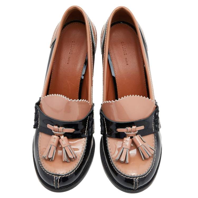Pre Owned Celine Brown/Black Patent Leather Fringe Detail Loafer Pumps Size 38.5