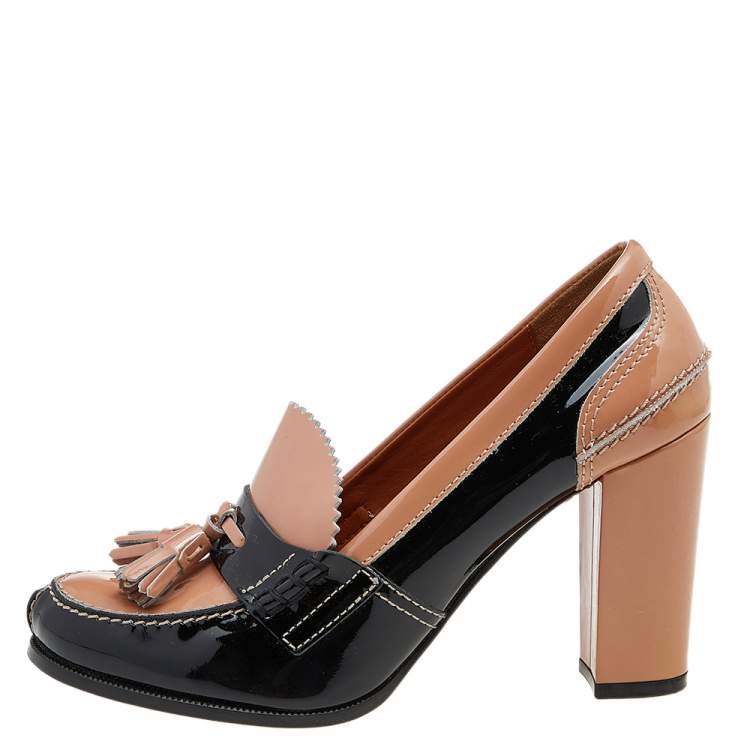 Pre Owned Celine Brown/Black Patent Leather Fringe Detail Loafer Pumps Size 38.5