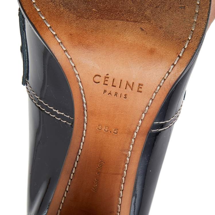 Pre Owned Celine Brown/Black Patent Leather Fringe Detail Loafer Pumps Size 38.5