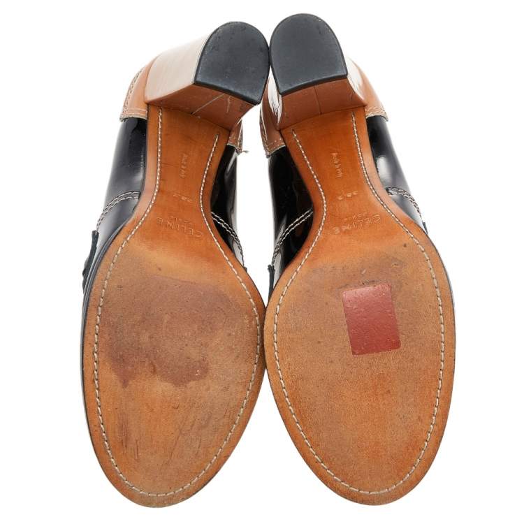 Pre Owned Celine Brown/Black Patent Leather Fringe Detail Loafer Pumps Size 38.5