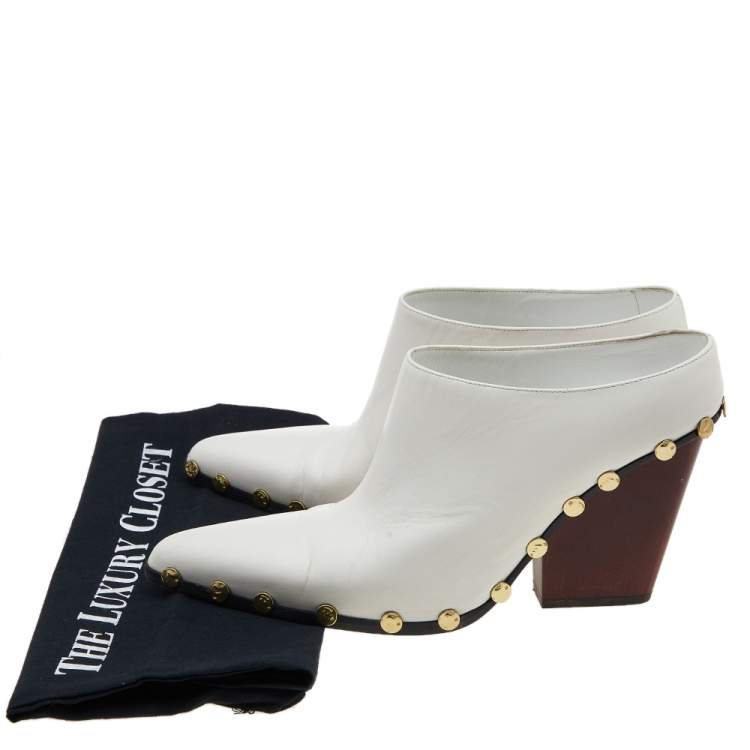 Pre Owned Celine White Leather Studded Pointed-Toe Booties Size 39