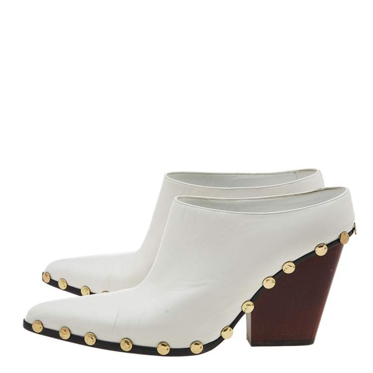 Pre Owned Celine White Leather Studded Pointed-Toe Booties Size 39