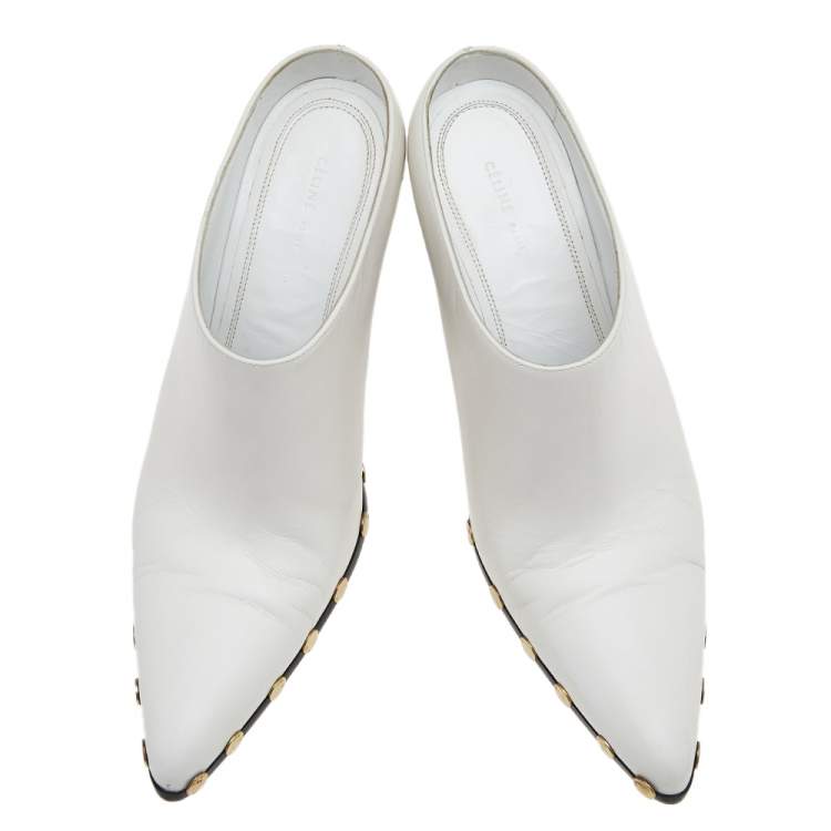 Pre Owned Celine White Leather Studded Pointed-Toe Booties Size 39