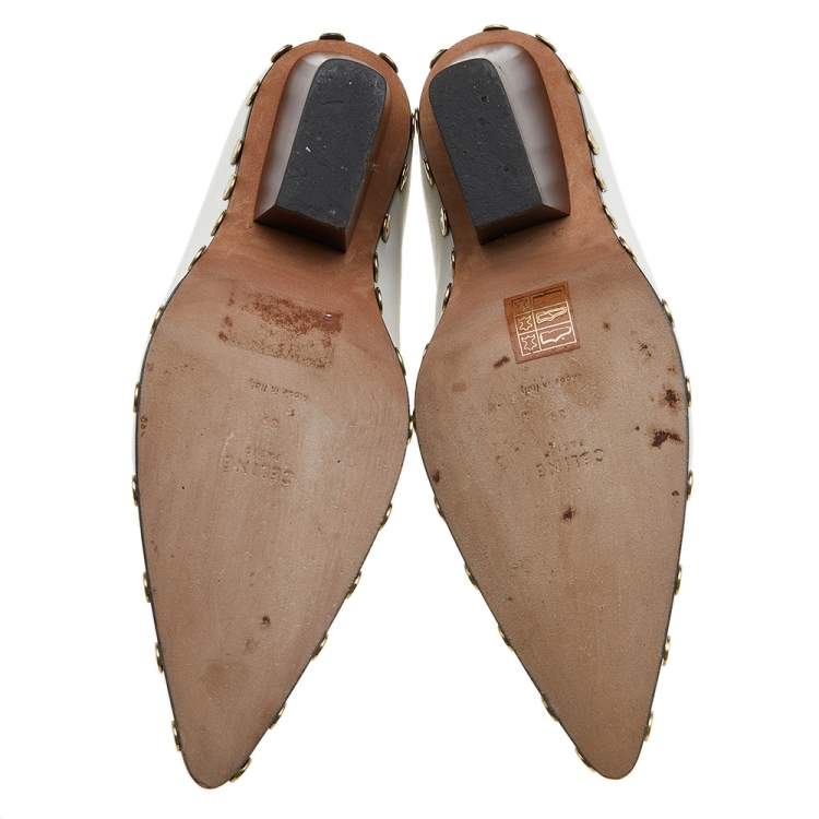 Pre Owned Celine White Leather Studded Pointed-Toe Booties Size 39
